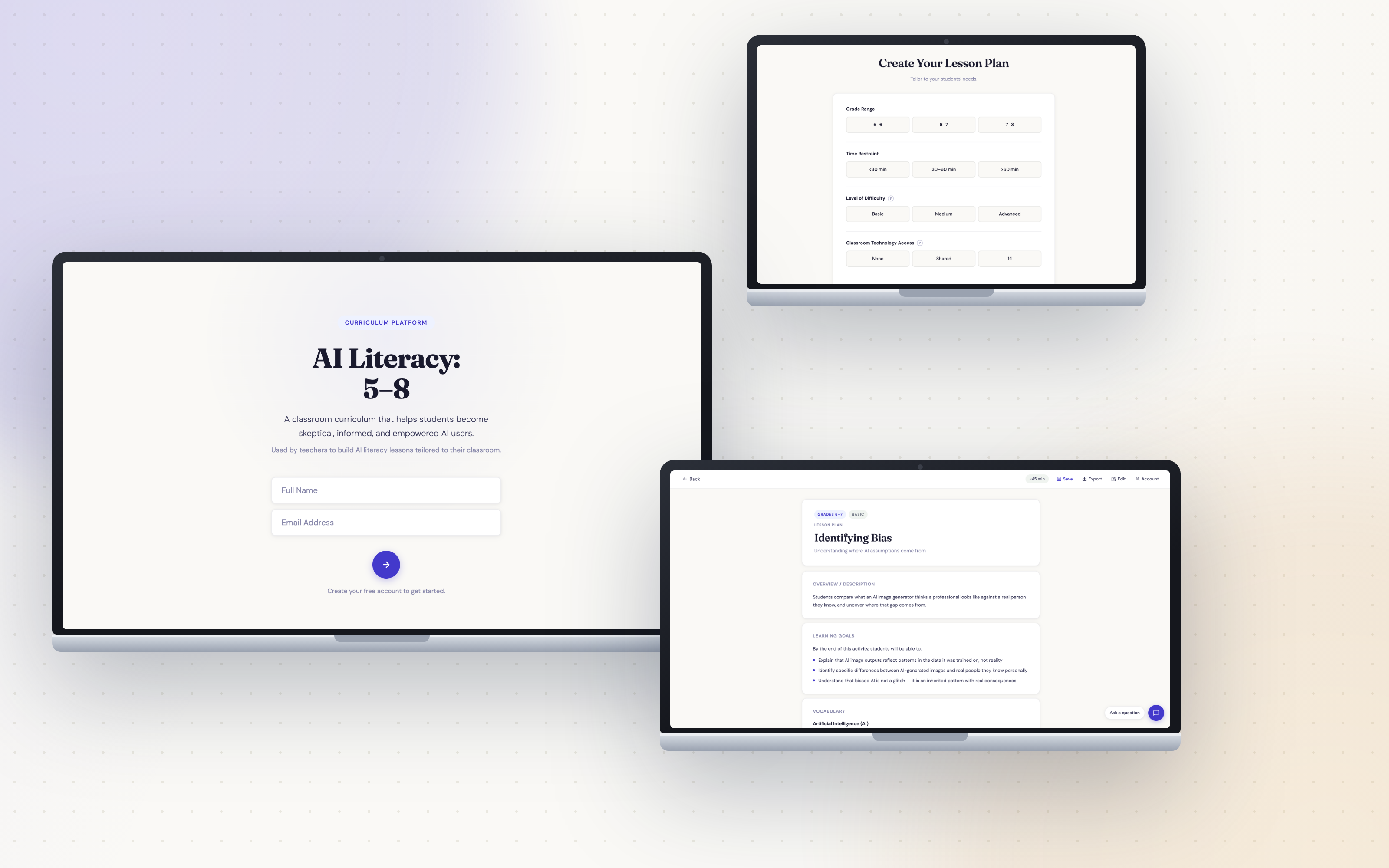 AI Literacy Curriculum activity screens