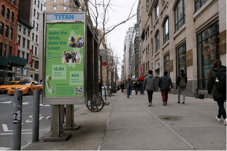 Dorchester poster reading 'Asks the Most, Gets the Least' mocked up on a street kiosk