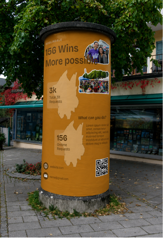 Roslindale poster reading '156 Wins, More Possible' mocked up on a street pillar